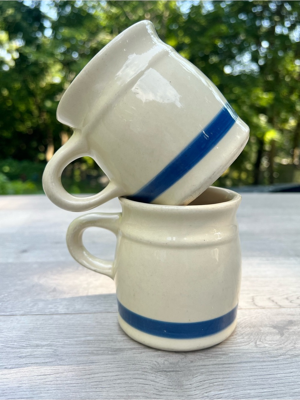 2 Vintage Roseville Pottery Ohio  Friendship Blue Striped Coffee Tea Mugs - Chip
